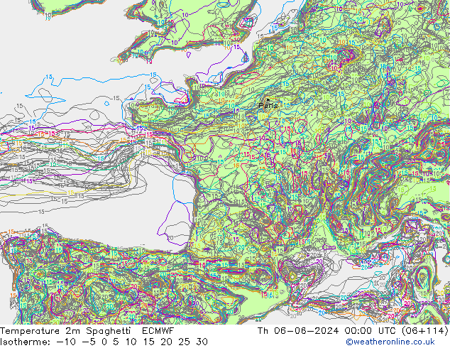 Temperatura 2m Spaghetti ECMWF jue 06.06.2024 00 UTC