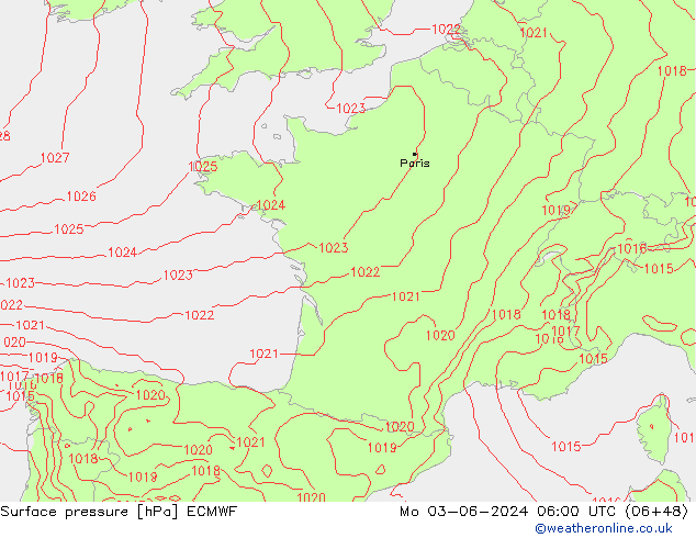 pressão do solo ECMWF Seg 03.06.2024 06 UTC