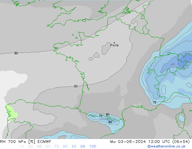 RH 700 hPa ECMWF Po 03.06.2024 12 UTC