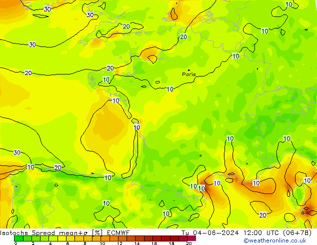 Isotachs Spread ECMWF Tu 04.06.2024 12 UTC