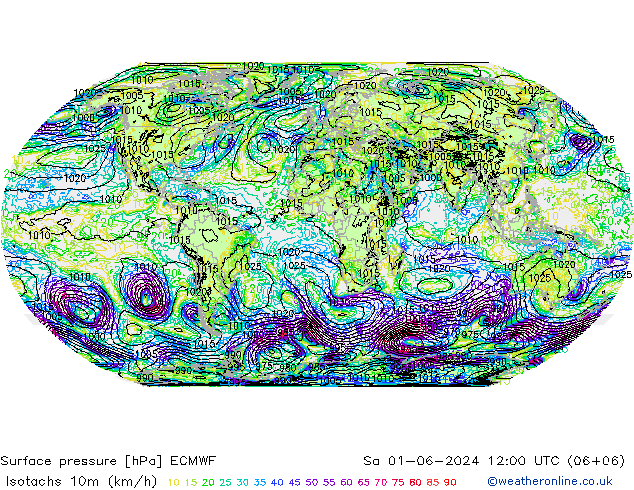 Isotachs (kph) ECMWF Sa 01.06.2024 12 UTC