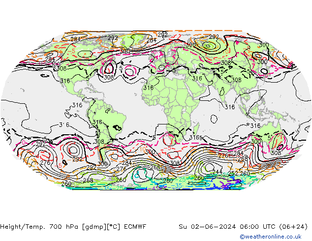 Height/Temp. 700 hPa ECMWF So 02.06.2024 06 UTC