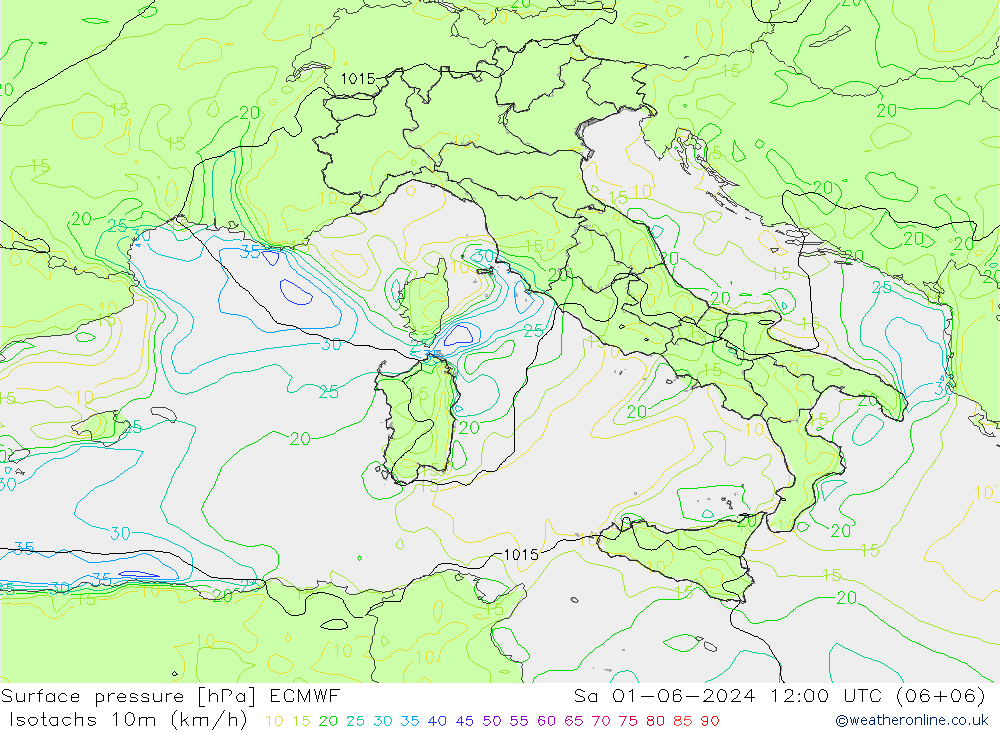 Isotachs (kph) ECMWF сб 01.06.2024 12 UTC