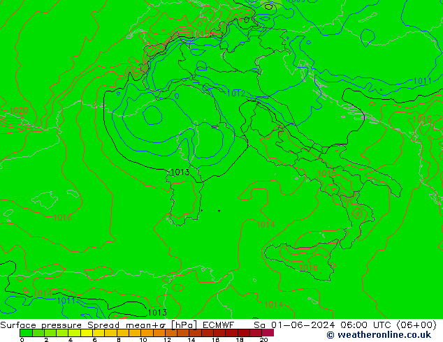 Surface pressure Spread ECMWF Sa 01.06.2024 06 UTC