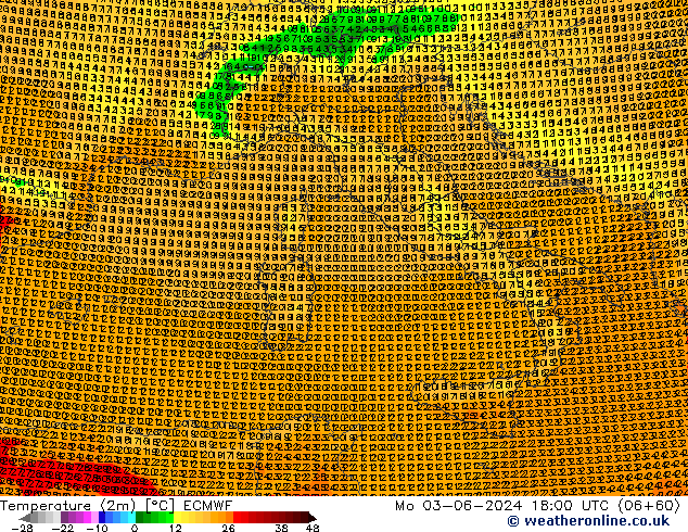 Temperature (2m) ECMWF Mo 03.06.2024 18 UTC