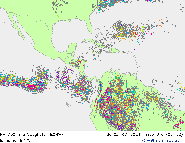 RH 700 hPa Spaghetti ECMWF Mo 03.06.2024 18 UTC