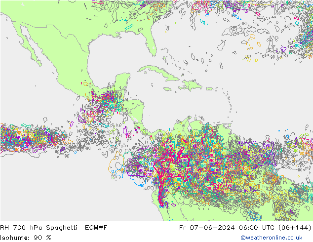 RH 700 hPa Spaghetti ECMWF Pá 07.06.2024 06 UTC