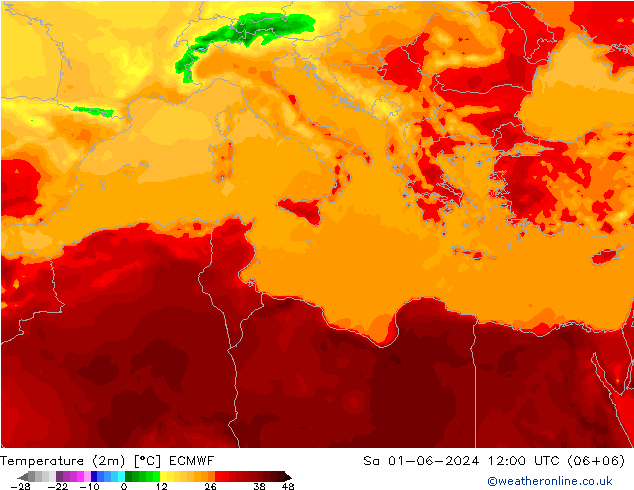 Temperatuurkaart (2m) ECMWF za 01.06.2024 12 UTC