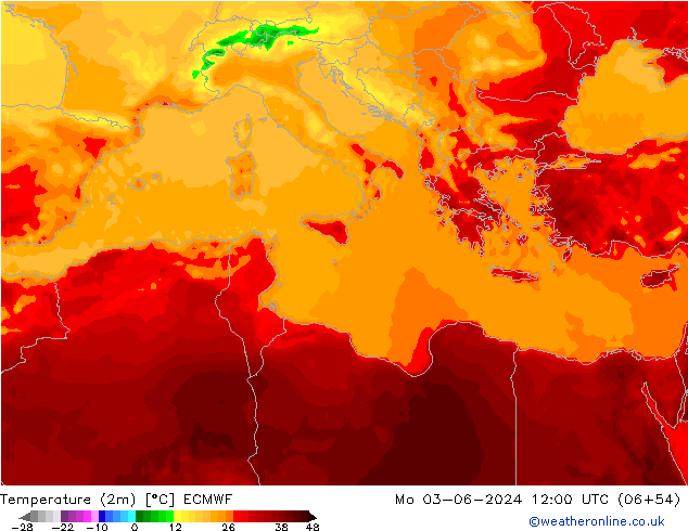 mapa temperatury (2m) ECMWF pon. 03.06.2024 12 UTC