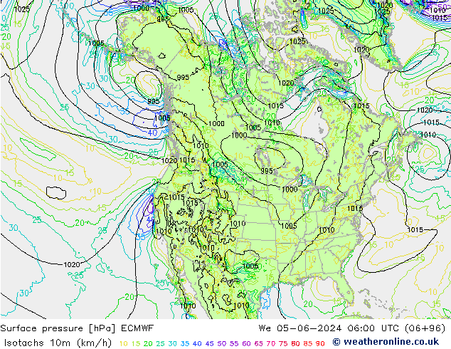 Isotachs (kph) ECMWF mer 05.06.2024 06 UTC