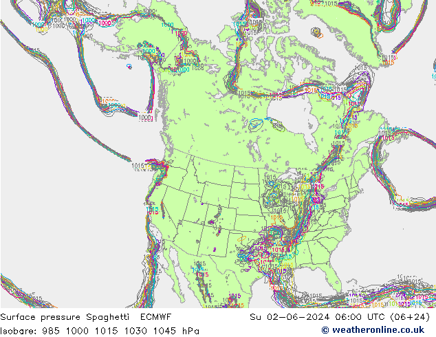 Pressione al suolo Spaghetti ECMWF dom 02.06.2024 06 UTC