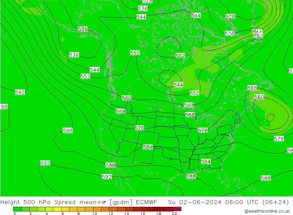 Height 500 hPa Spread ECMWF So 02.06.2024 06 UTC