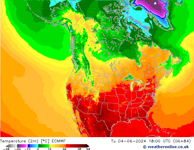 Temperatuurkaart (2m) ECMWF di 04.06.2024 18 UTC