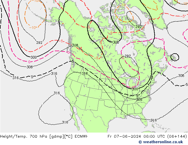 Height/Temp. 700 гПа ECMWF пт 07.06.2024 06 UTC