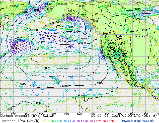 Isotachen (km/h) ECMWF zo 02.06.2024 00 UTC