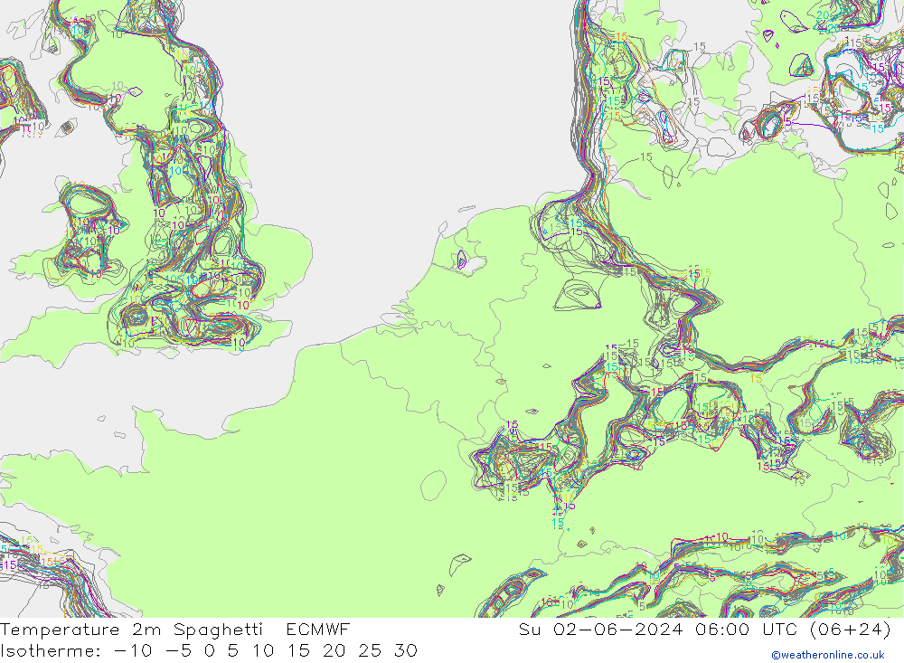 Temperatura 2m Spaghetti ECMWF Dom 02.06.2024 06 UTC