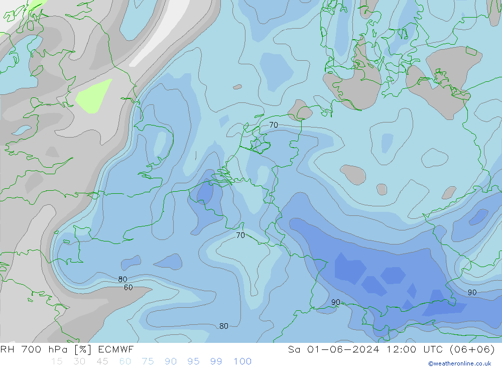 Humedad rel. 700hPa ECMWF sáb 01.06.2024 12 UTC