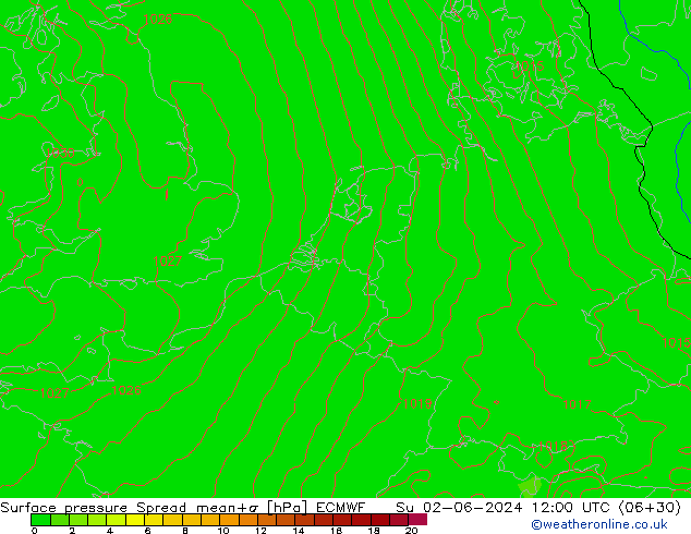 Surface pressure Spread ECMWF Su 02.06.2024 12 UTC