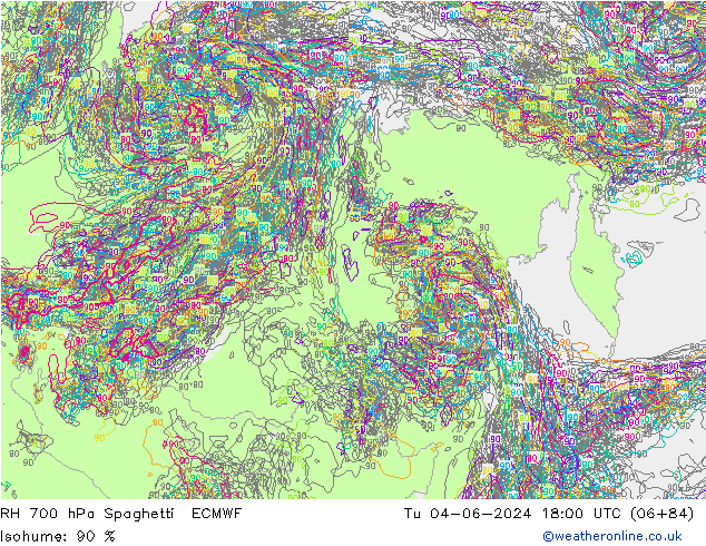 RH 700 hPa Spaghetti ECMWF Tu 04.06.2024 18 UTC