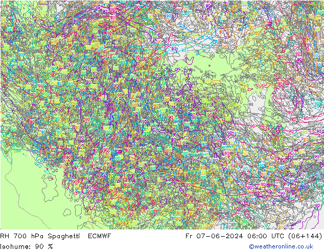 RH 700 hPa Spaghetti ECMWF Fr 07.06.2024 06 UTC