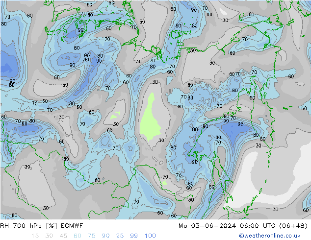 RH 700 гПа ECMWF пн 03.06.2024 06 UTC