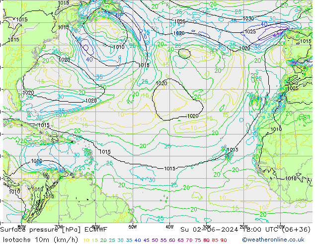 Isotachs (kph) ECMWF dom 02.06.2024 18 UTC