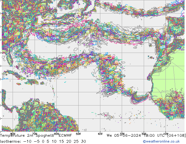 Temperatura 2m Spaghetti ECMWF Qua 05.06.2024 18 UTC