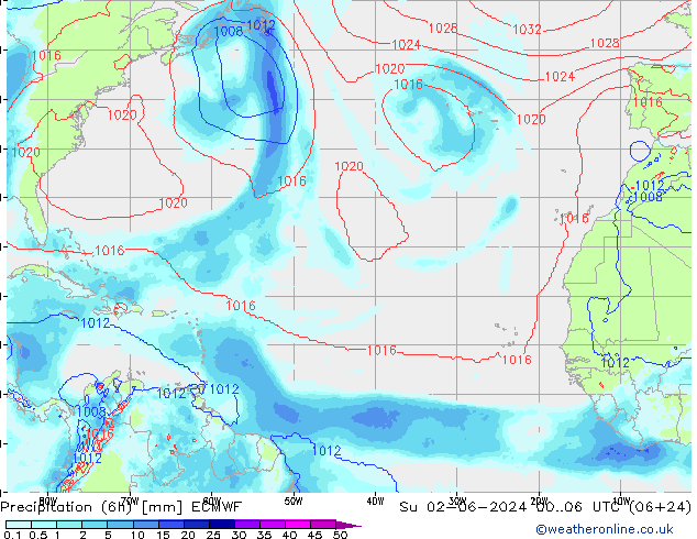 Totale neerslag (6h) ECMWF zo 02.06.2024 06 UTC