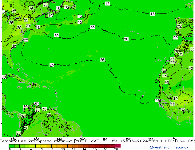 Temperatura 2m Spread ECMWF Qua 05.06.2024 18 UTC