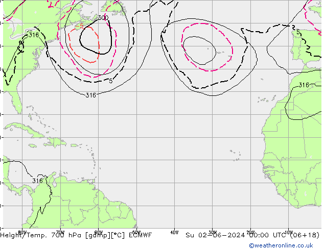 Height/Temp. 700 hPa ECMWF dom 02.06.2024 00 UTC