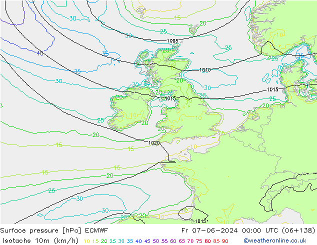 Isotachs (kph) ECMWF Pá 07.06.2024 00 UTC