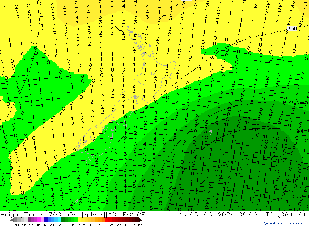 Height/Temp. 700 hPa ECMWF Mo 03.06.2024 06 UTC