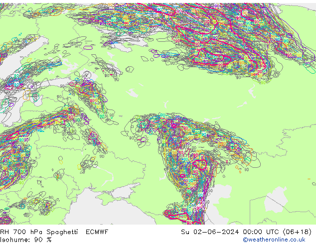 RH 700 hPa Spaghetti ECMWF Su 02.06.2024 00 UTC