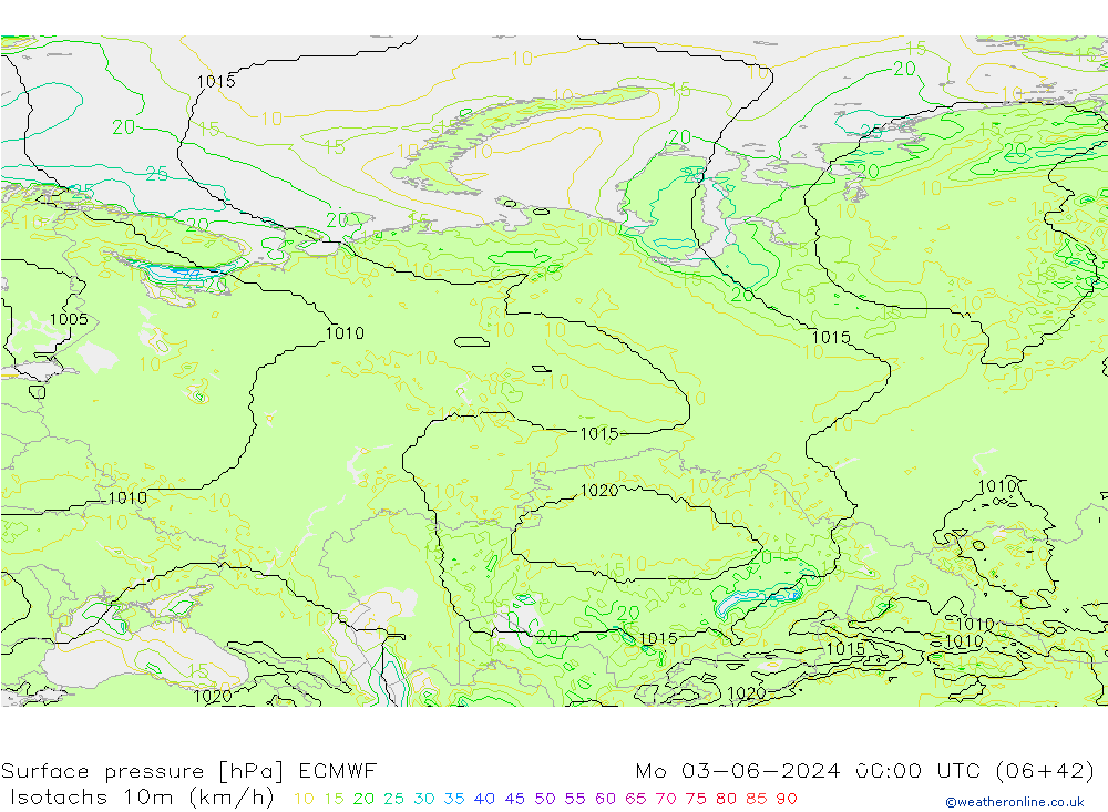 Isotachs (kph) ECMWF пн 03.06.2024 00 UTC