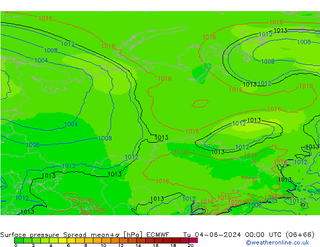 Surface pressure Spread ECMWF Tu 04.06.2024 00 UTC