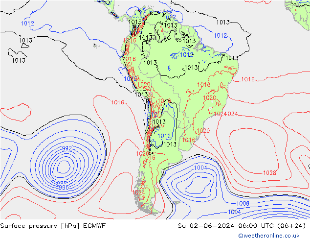 Presión superficial ECMWF dom 02.06.2024 06 UTC