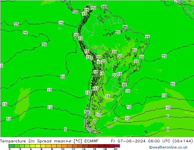 Temperature 2m Spread ECMWF Fr 07.06.2024 06 UTC
