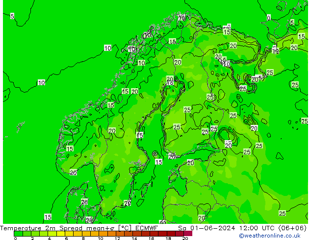 Temperaturkarte Spread ECMWF Sa 01.06.2024 12 UTC
