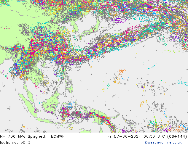 RH 700 hPa Spaghetti ECMWF Pá 07.06.2024 06 UTC