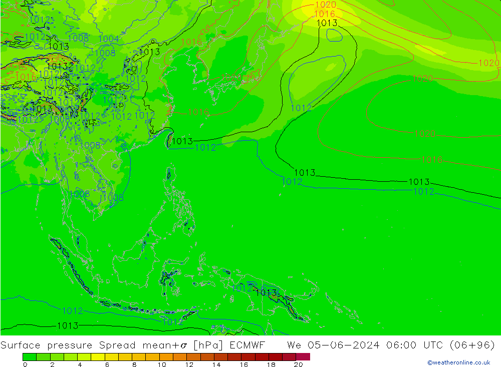 Atmosférický tlak Spread ECMWF St 05.06.2024 06 UTC