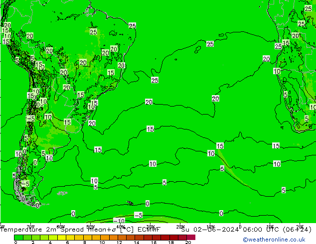 Temperature 2m Spread ECMWF Su 02.06.2024 06 UTC