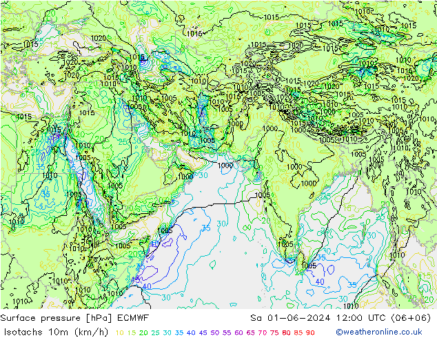 Isotaca (kph) ECMWF sáb 01.06.2024 12 UTC