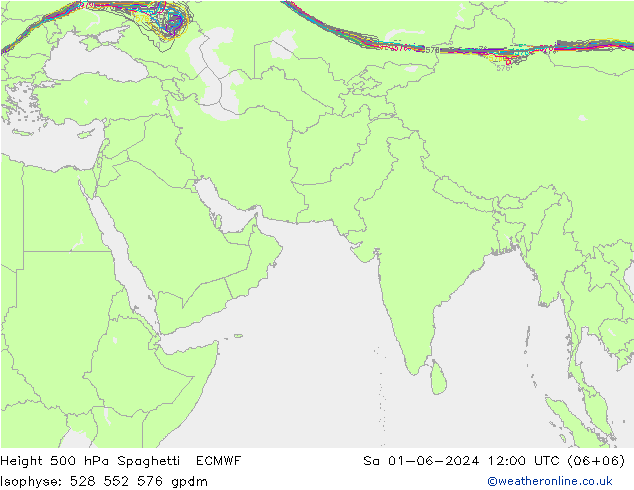 Height 500 hPa Spaghetti ECMWF 星期六 01.06.2024 12 UTC