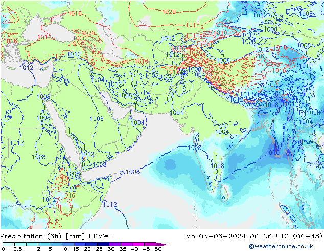 Totale neerslag (6h) ECMWF ma 03.06.2024 06 UTC