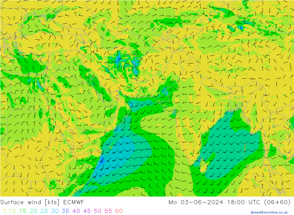 wiatr 10 m ECMWF pon. 03.06.2024 18 UTC