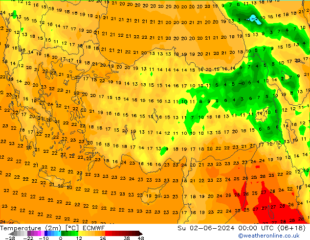 Temperature (2m) ECMWF Su 02.06.2024 00 UTC