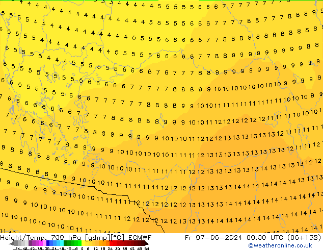 Height/Temp. 700 гПа ECMWF пт 07.06.2024 00 UTC