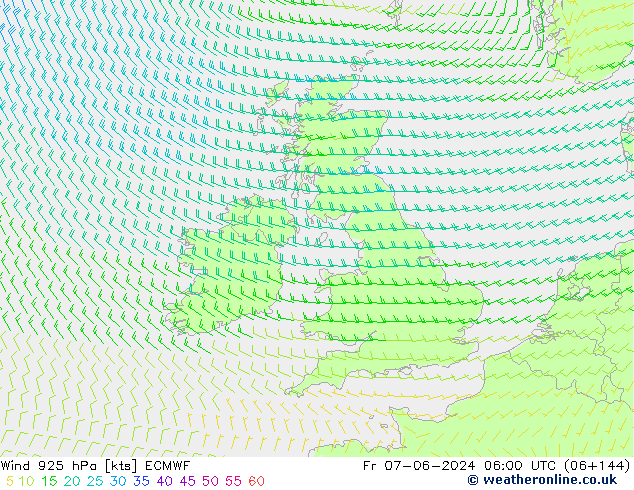 Vento 925 hPa ECMWF ven 07.06.2024 06 UTC