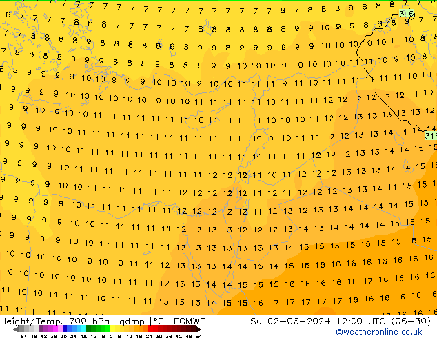 Height/Temp. 700 гПа ECMWF Вс 02.06.2024 12 UTC