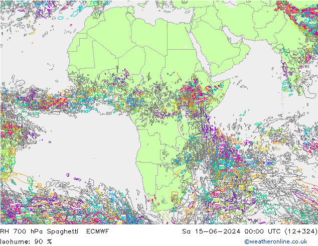 RH 700 hPa Spaghetti ECMWF Sáb 15.06.2024 00 UTC